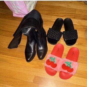 Black Leather Boots and Red Cherry Slides